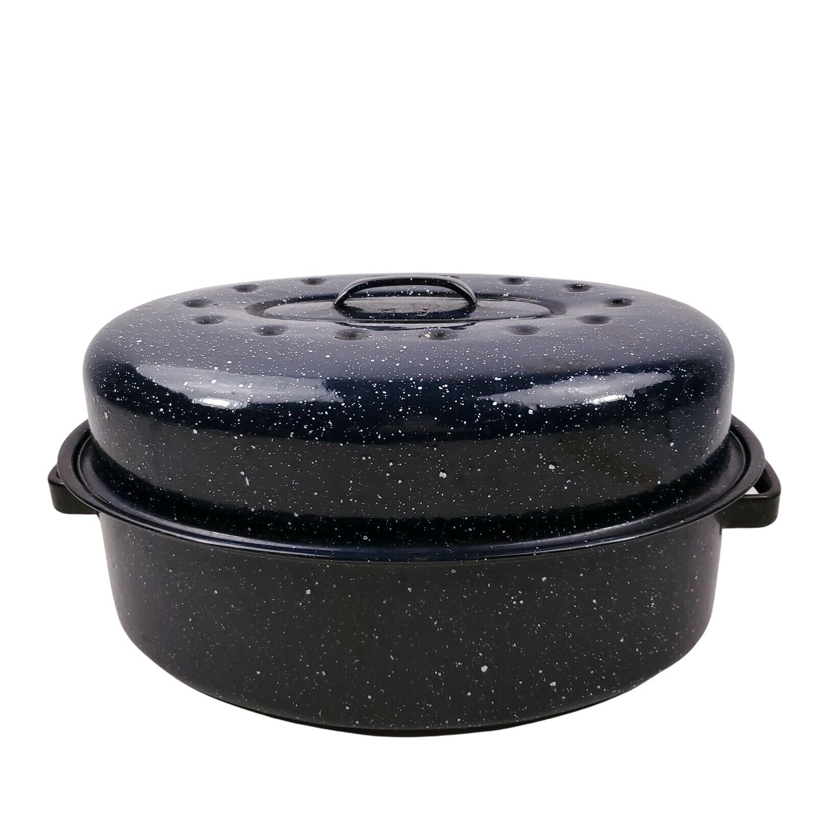 Rustic Roasting pan; black speckled newest enamel & aluminum circa 1960 - large 14”