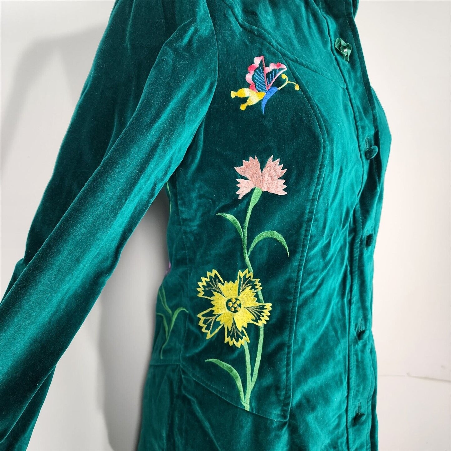 Vintage Di Costa Green Embroidered Button Front Velvet Top Blouse