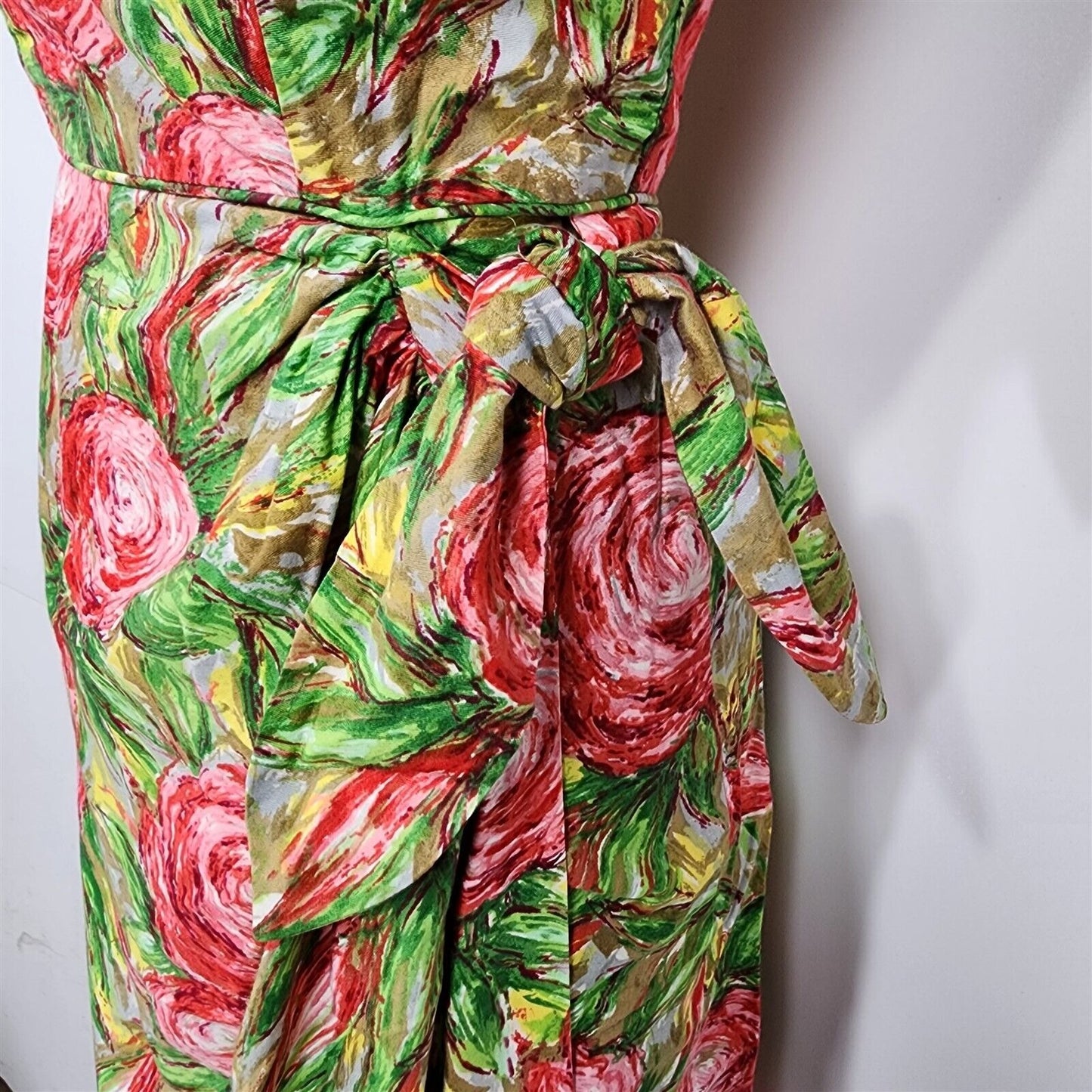 Vintage 1970s Tori Richard Honolulu Green & Pink Floral Hawaiian Maxi Wrap Dress