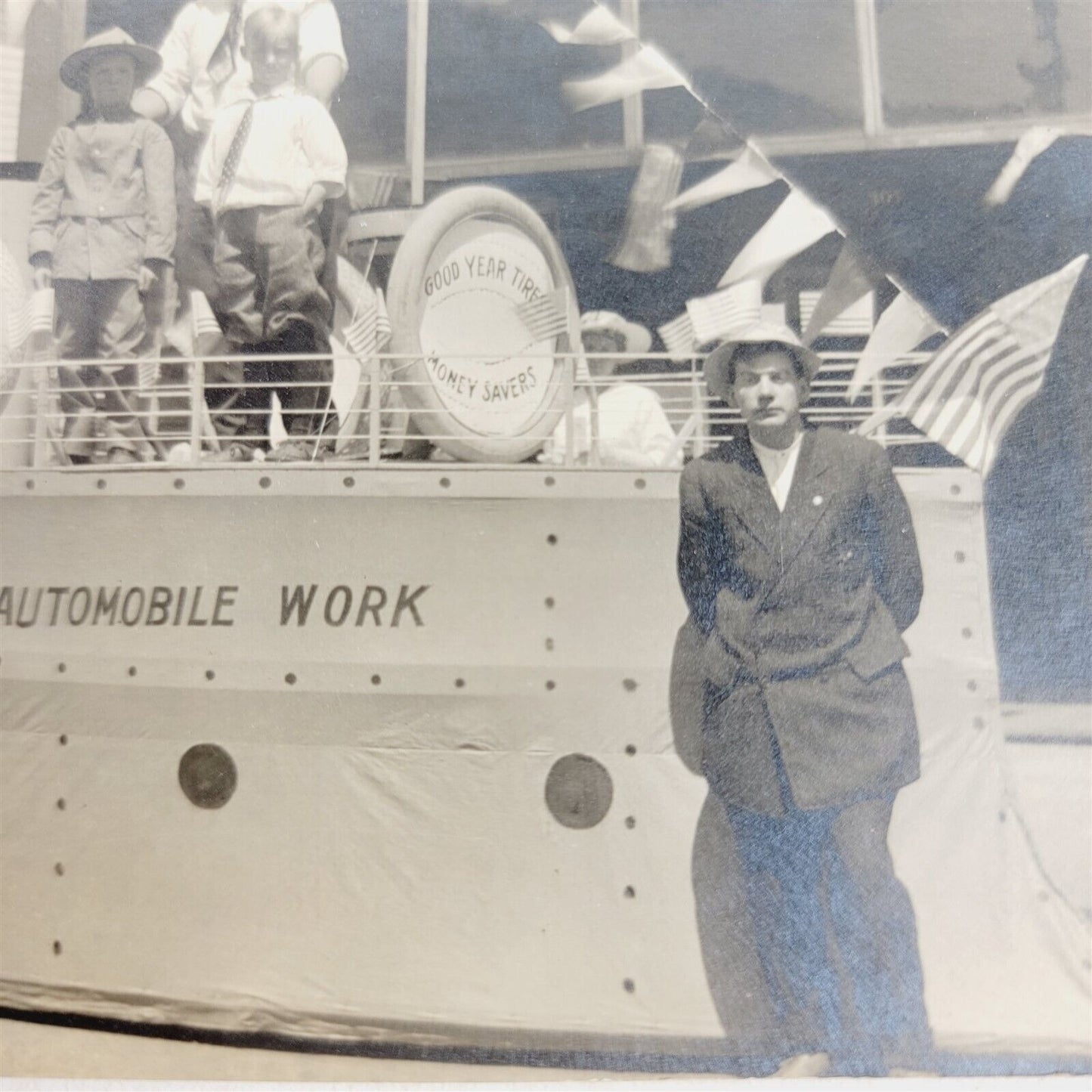 Vintage Photo 1916 Float Parade Cyr's Buick Garage Goodyear Tires Ship Boat 4x6