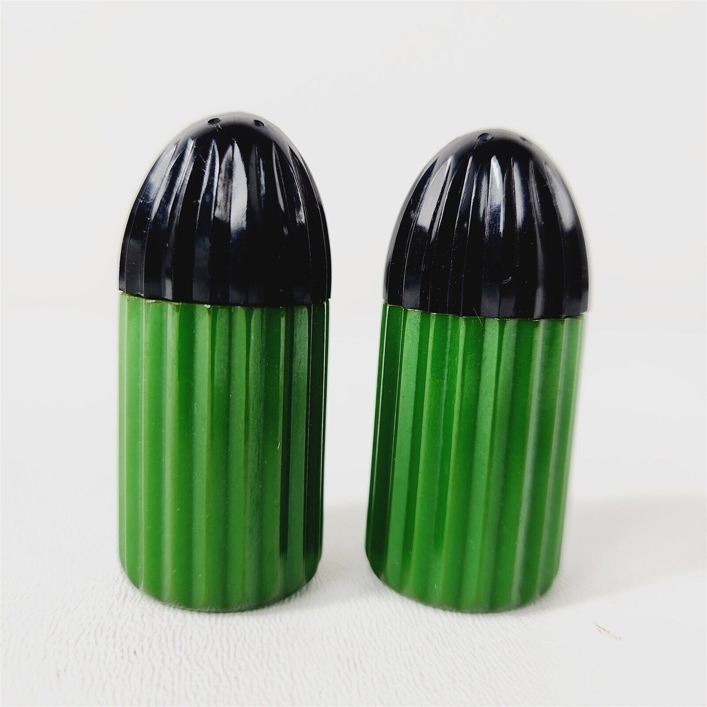 Vintage Bakelite Catalin MCM Retro Green Black Salt & Pepper Shakers - 2.25"