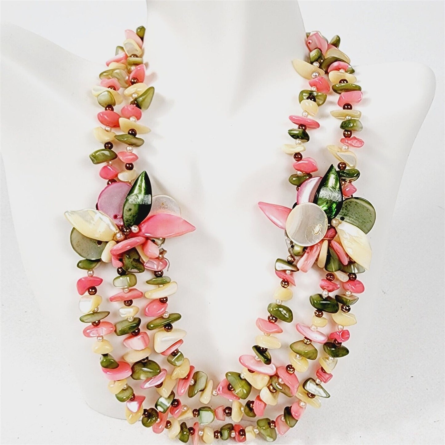 Vintage Mother of Pearl Pink Green Cream Shell Cluster Necklace Bracelet Earrings