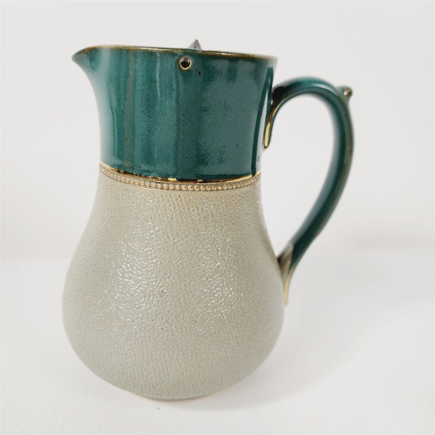 Vintage Lovatts Langley England Glazed Pottery Green Gray Pitcher w/ Pewter Lid