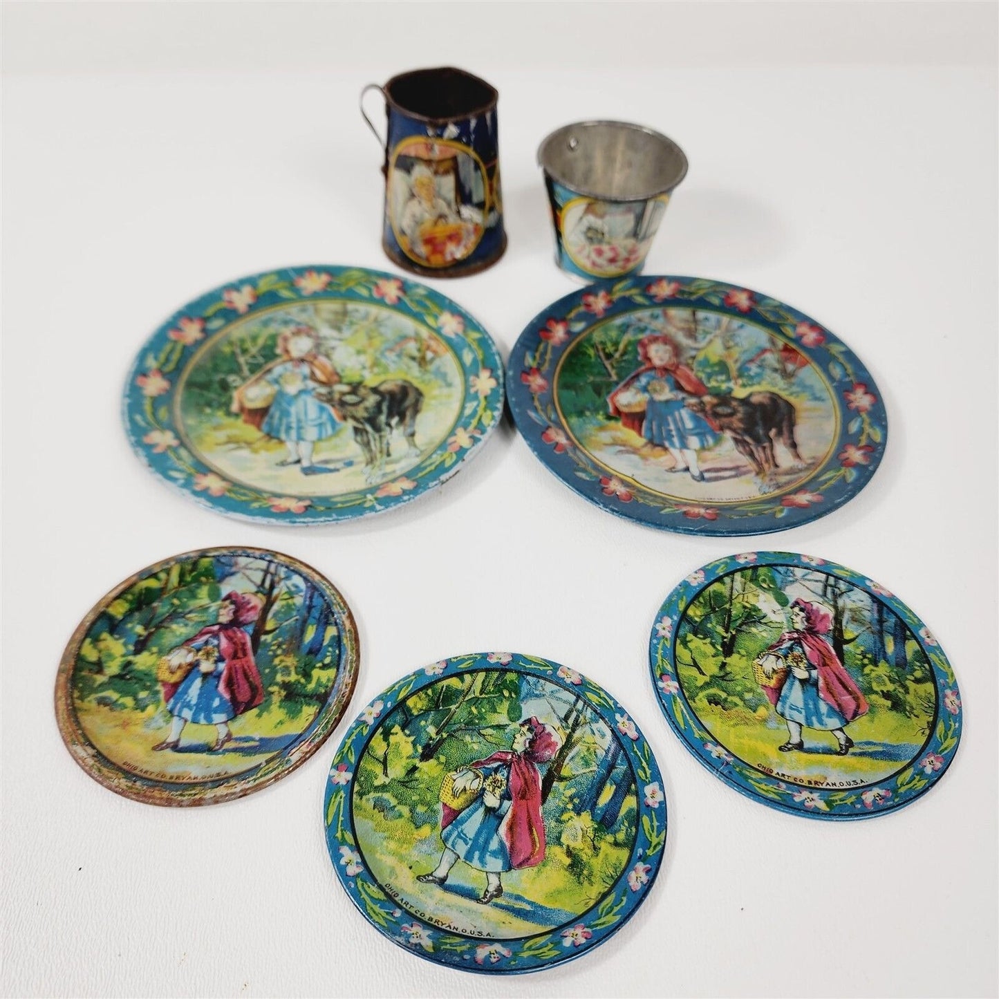 Vintage 7 Piece Vintage Ohio Art Red Riding Hood Childs Tea Set Tin Litho