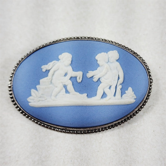 Vintage Signed Wedgewood England Sterling Silver Blue Jasperware Brooch Cherubs