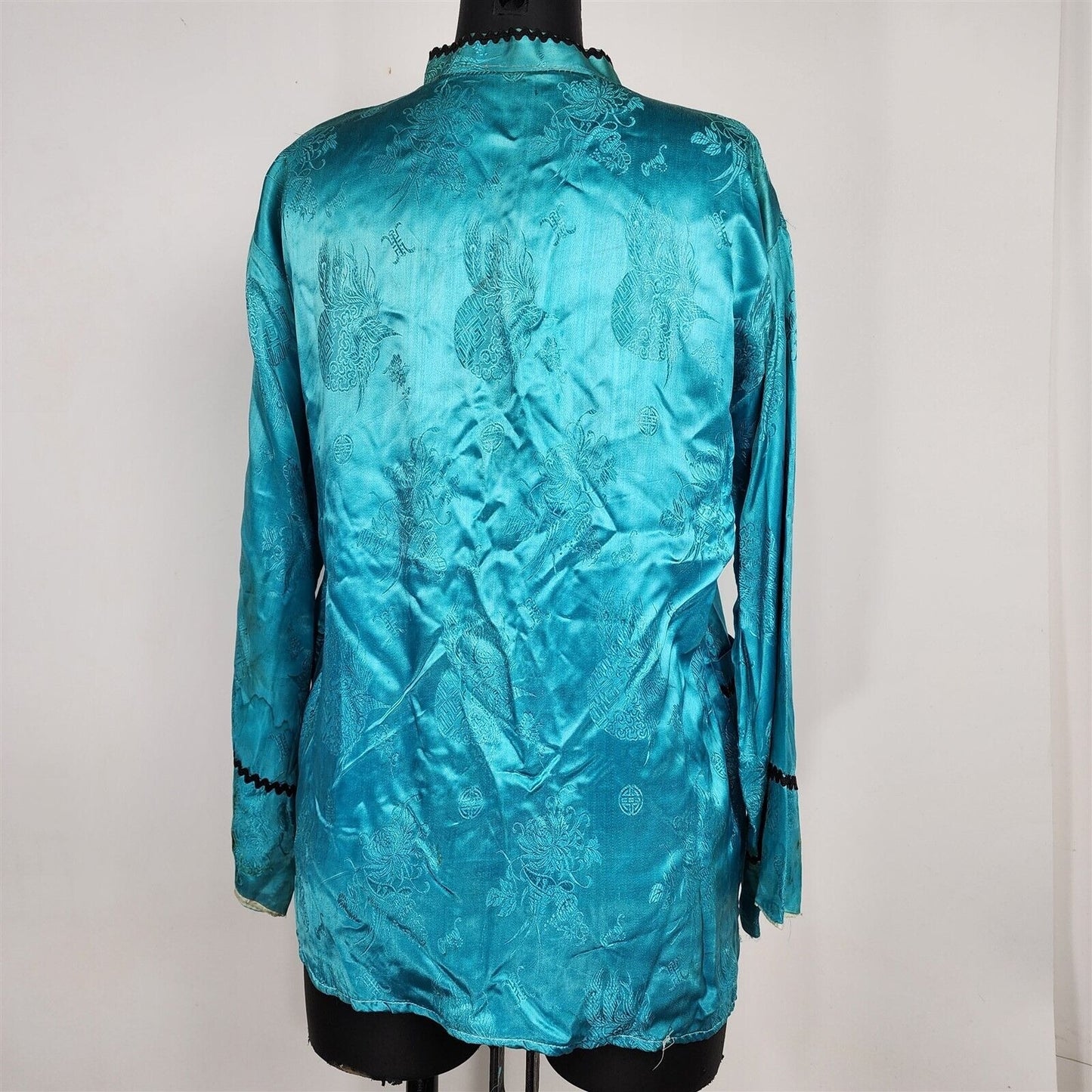 Vintage Asian Bright Blue Mandrin Collar Frog Closure Long Sleeve Shirt - Stains