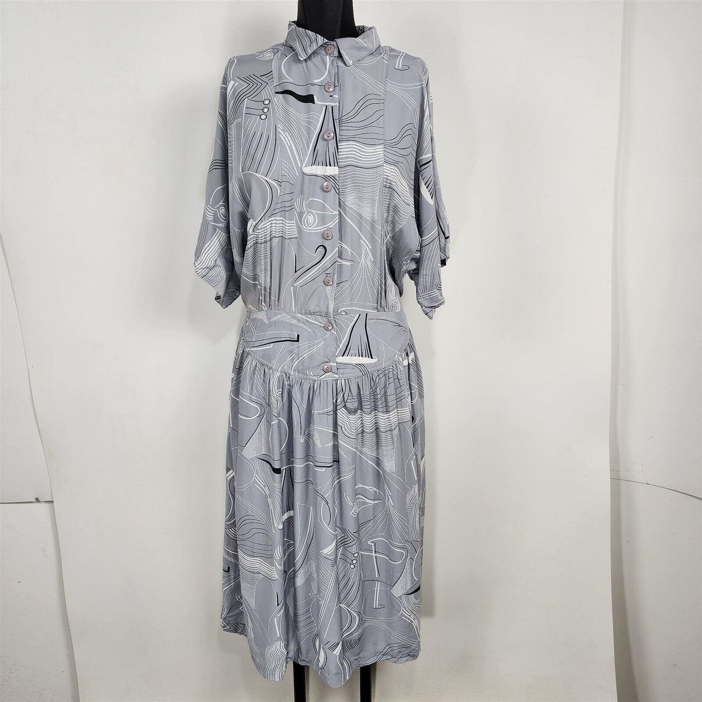 Vintage 1980s ED Michaels Gray Abstract Print Drop Waist Midi Dress Womens