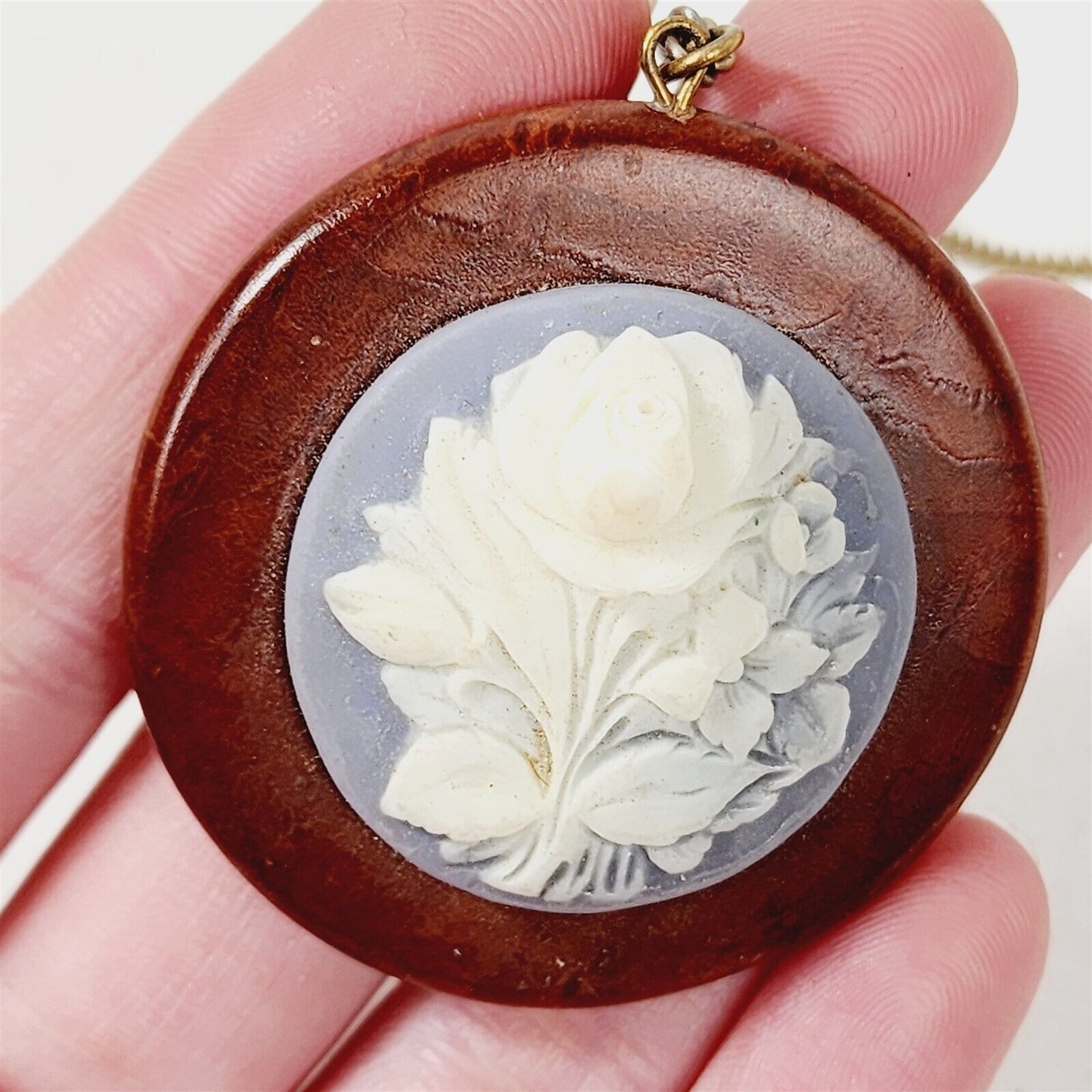 Vintage Flower Carved Cameo Wood Back Necklace with Clip On Earrings