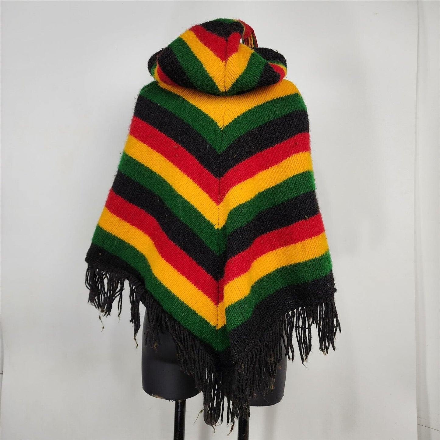 Vintage Red Yellow Green Black Striped Hooded Poncho Fringe Wool Made in Ecuador