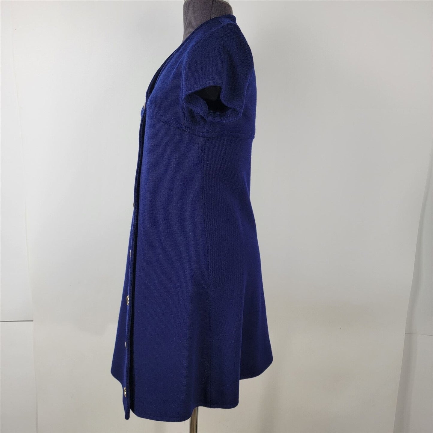 Vintage 1970s Frederick & Nelson Blue Wool Knit Short Sleeve Button Front Dress