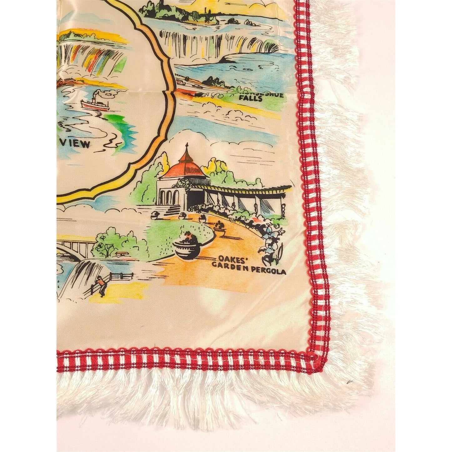 Vintage Niagra Falls Canada Satin Souvenir Pillow Cover Fringe