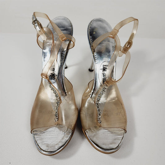 Vintage LifeStride Silver Clear Strappy Rhinestone Bling Heels Size 6.5 AA