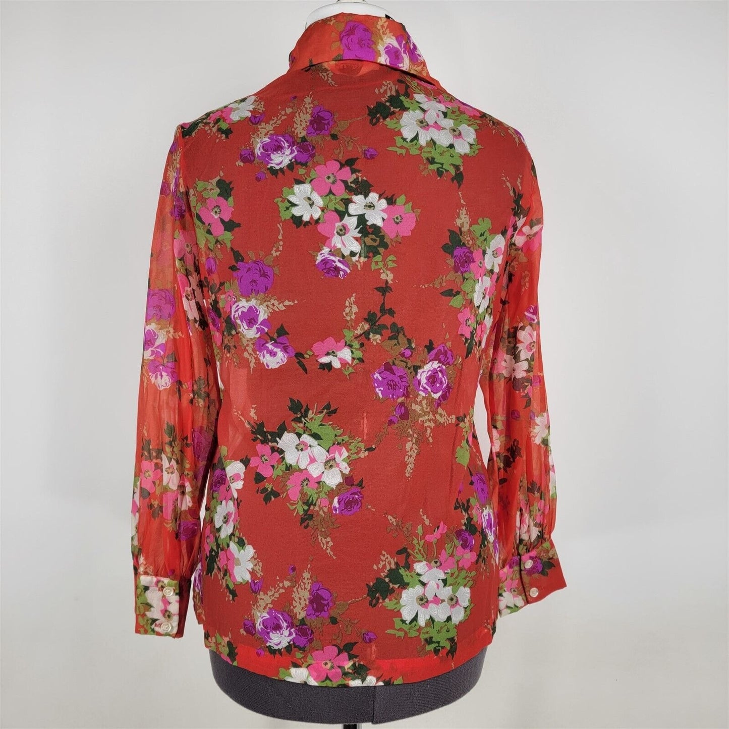 Vintage 1970s Montgomery Ward Nylon Red Sheer Floral Print Blouse Womens 36