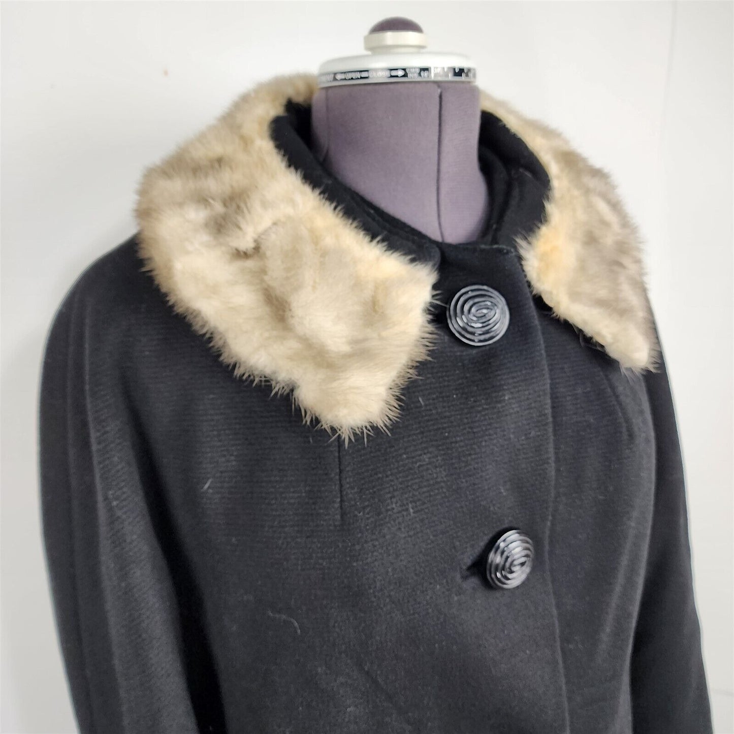 Vintage Black Wool Long Union Made Coat with Real Fur Collar Trim