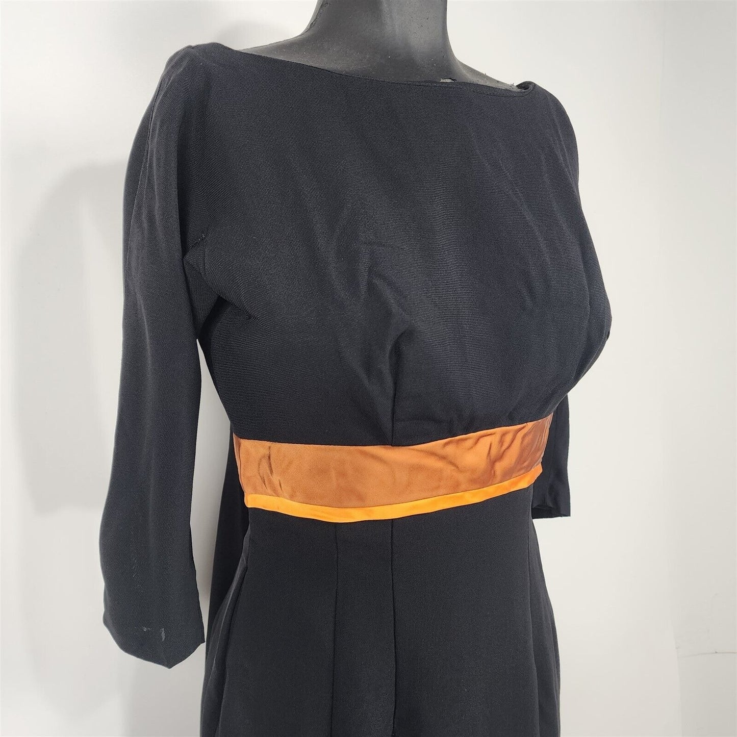 Vintage 1960s Black Crepe 3/4 Sleeve Dress with Orange Accent