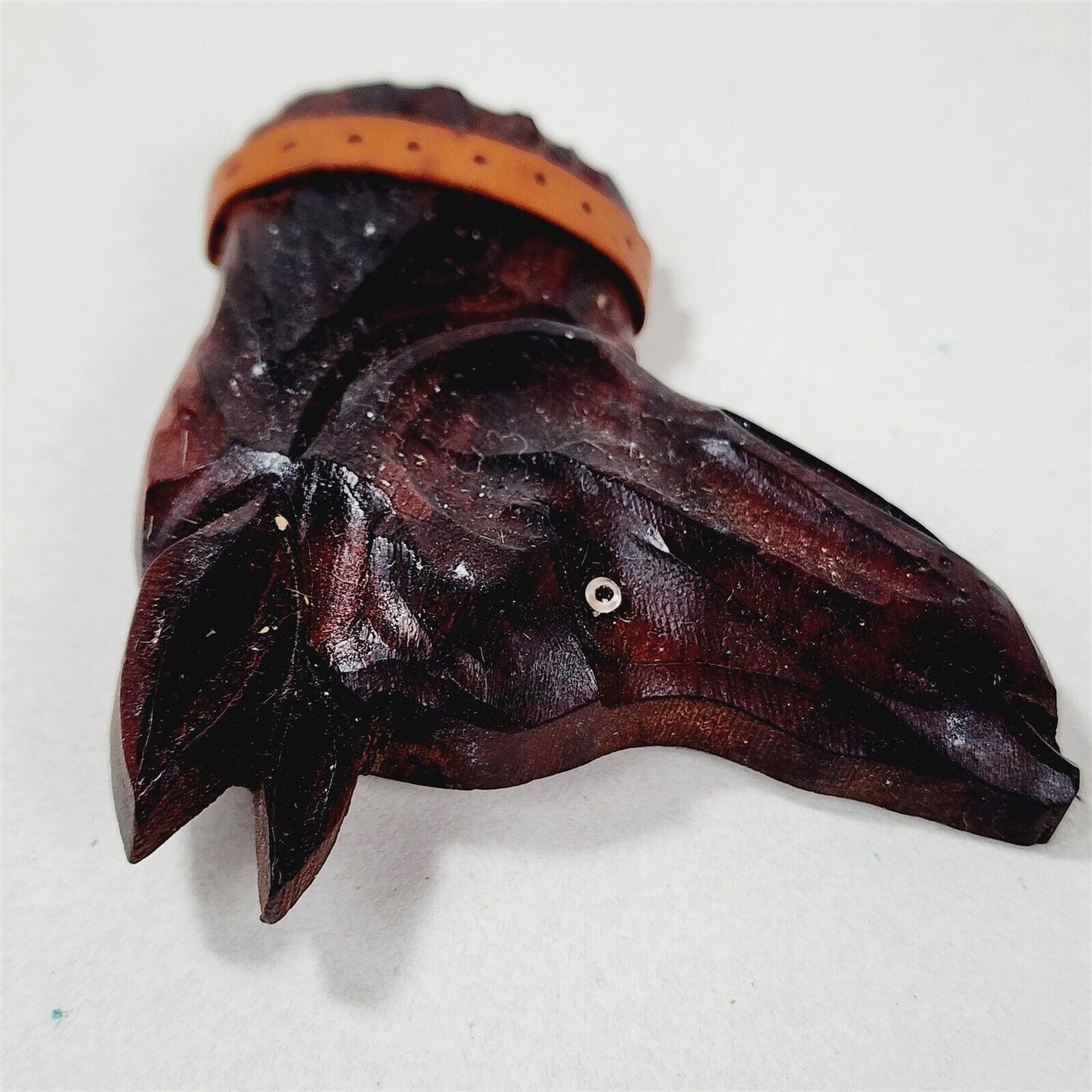 Vintage Carved Wood Dog Head Brooch Leather Collar - 3"