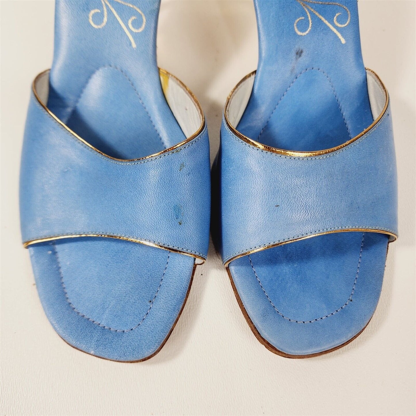 Vintage Saroia Made in Italy Blue Leather Mule Heels Womens Size 7 N