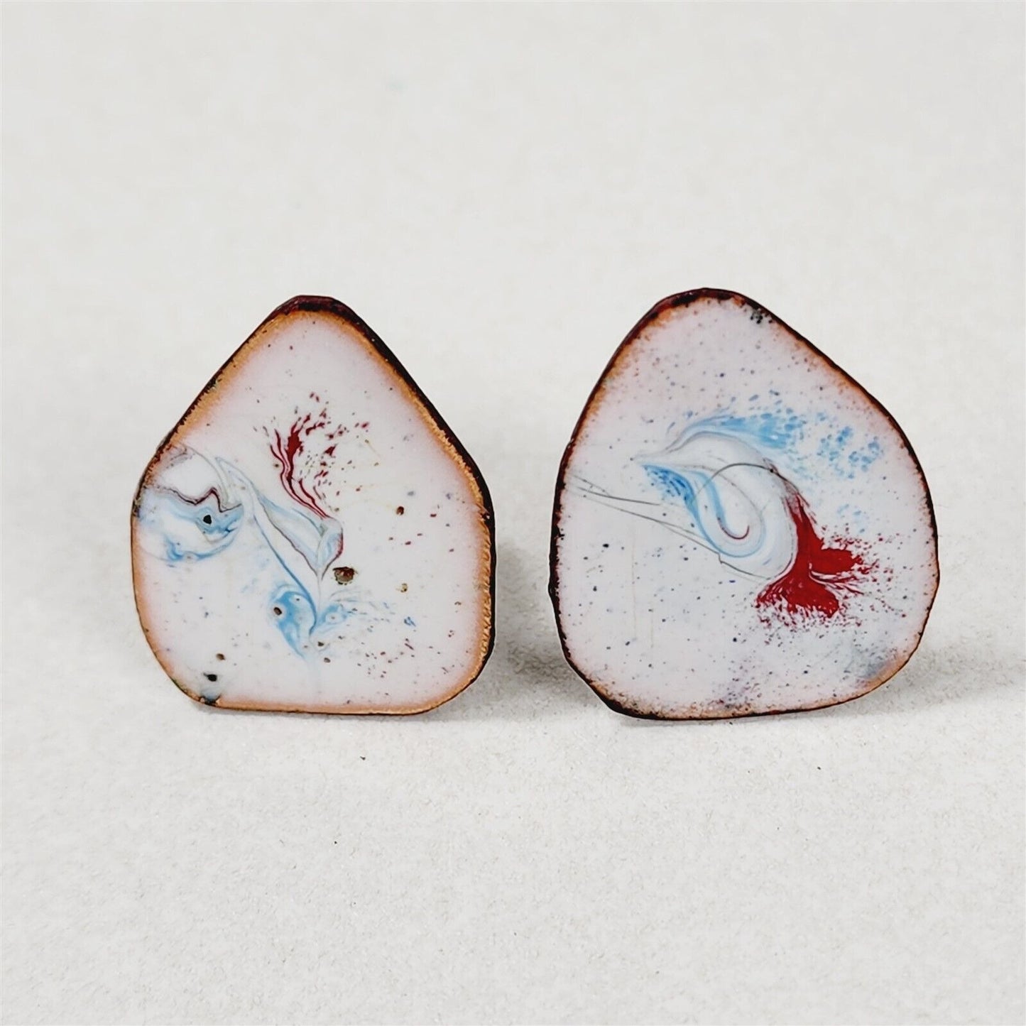 Vintage Copper White Abstract Enamel Screw Back Earrings