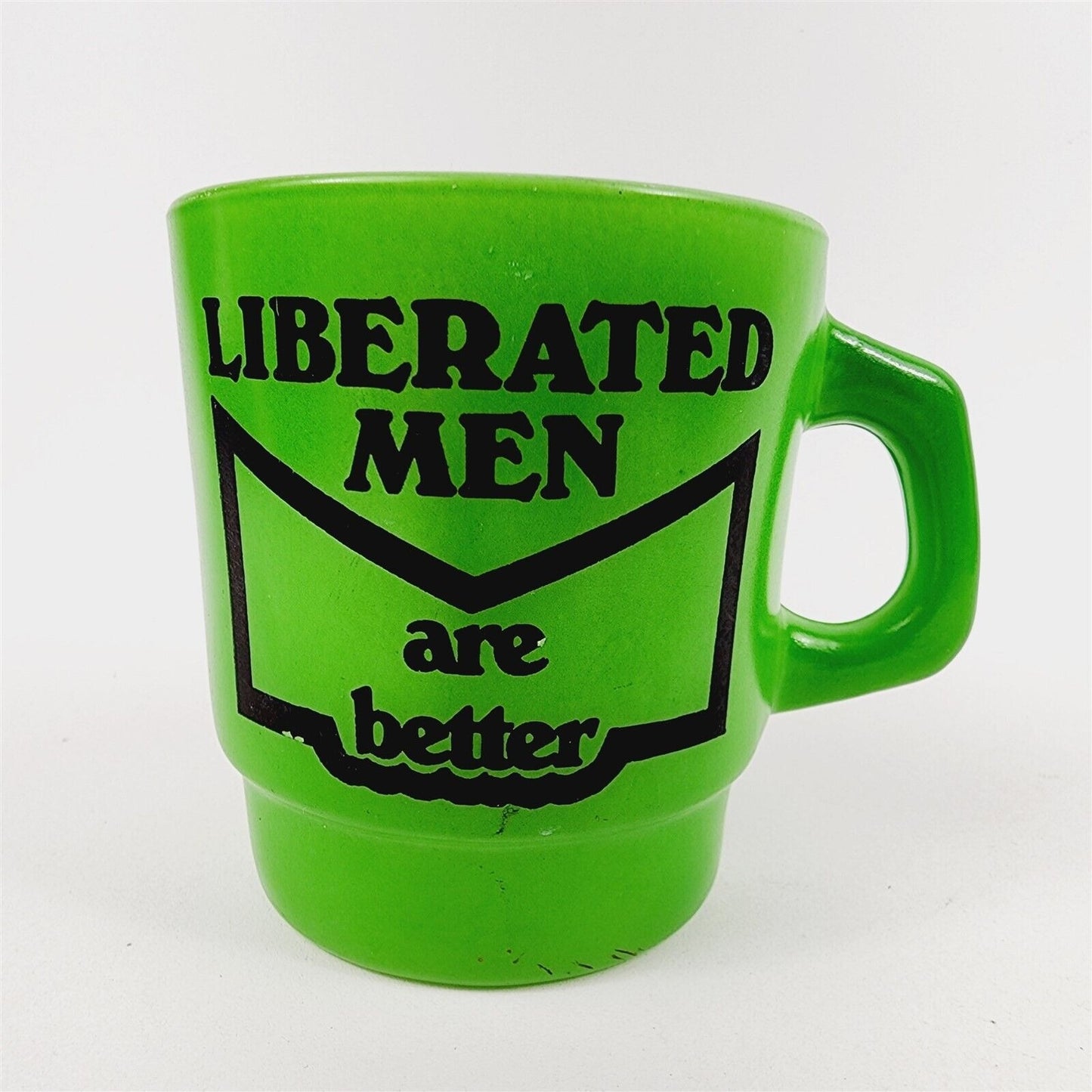 Vintage D Handle Mug Anchor Hocking Liberated Men are Better Green - 3.5" tall