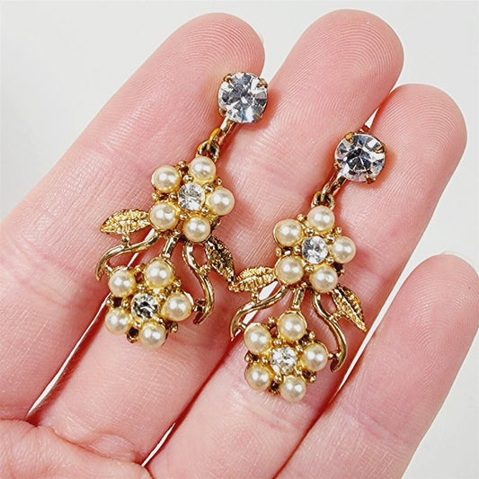 Vintage Coro Signed Gold Tone Faux Pearl Rhinestone Flower Dangle Earrings