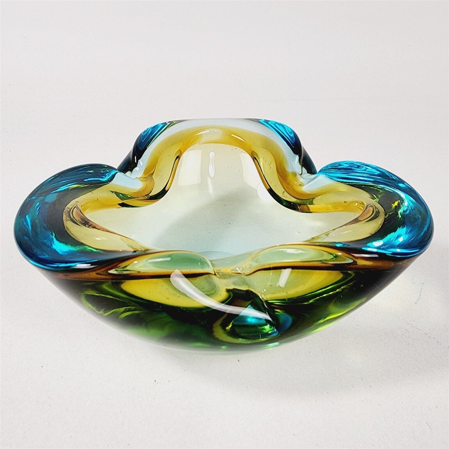 Vintage MCM Art Glass Dish Ashtray Bowl Green Blue Rim