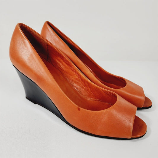 Vintage Arsho for Shoe Biz Orange Leather Peep Toe Wedge Heels Shoes Size 6