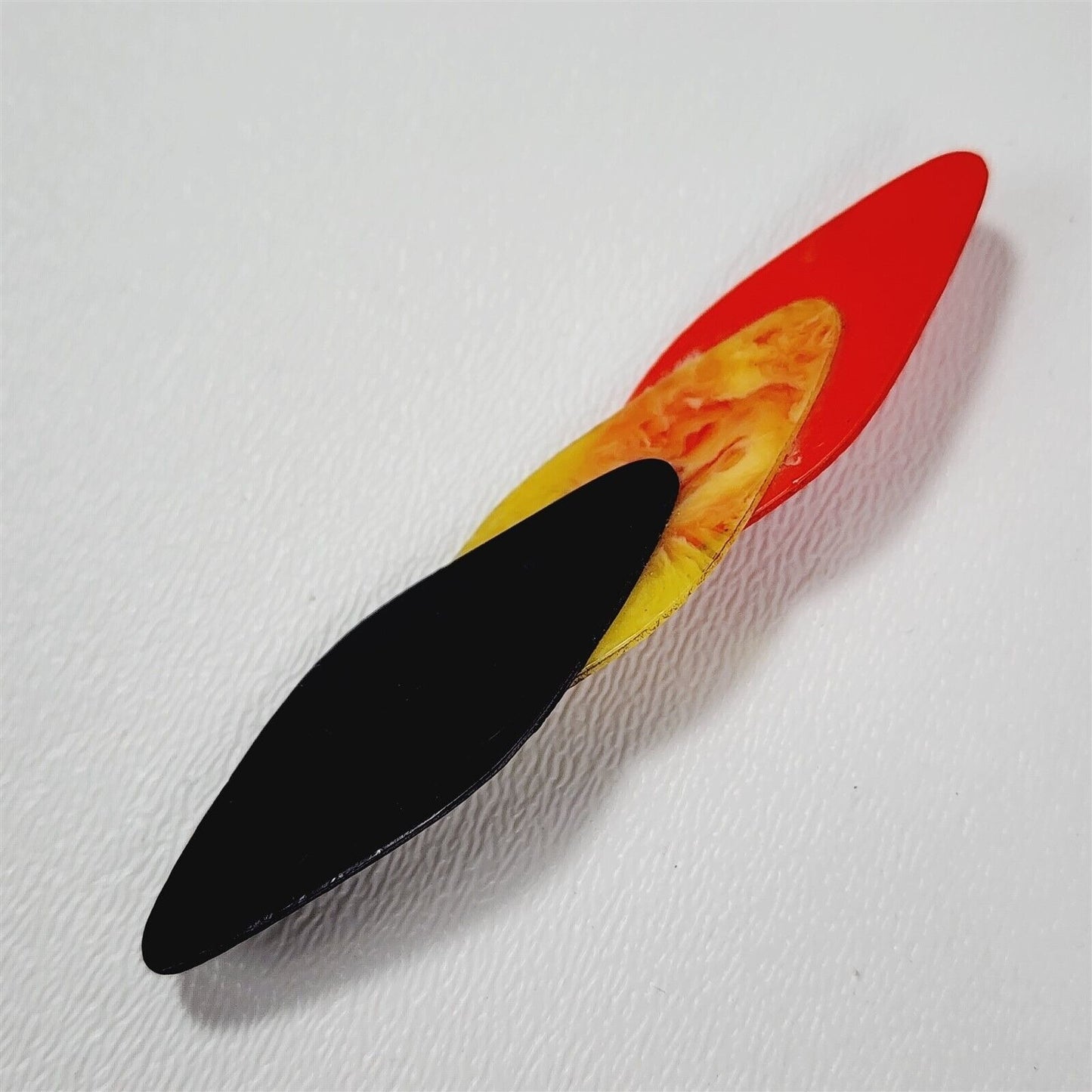 Vintage Thin Plastic Red Black Yellow Swirl Layered Pin Brooch