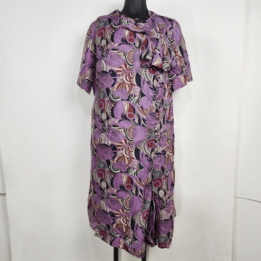 Vintage 1970s Harwyn Purple Funky Print Silk Short Sleeve Dress Size 12/14