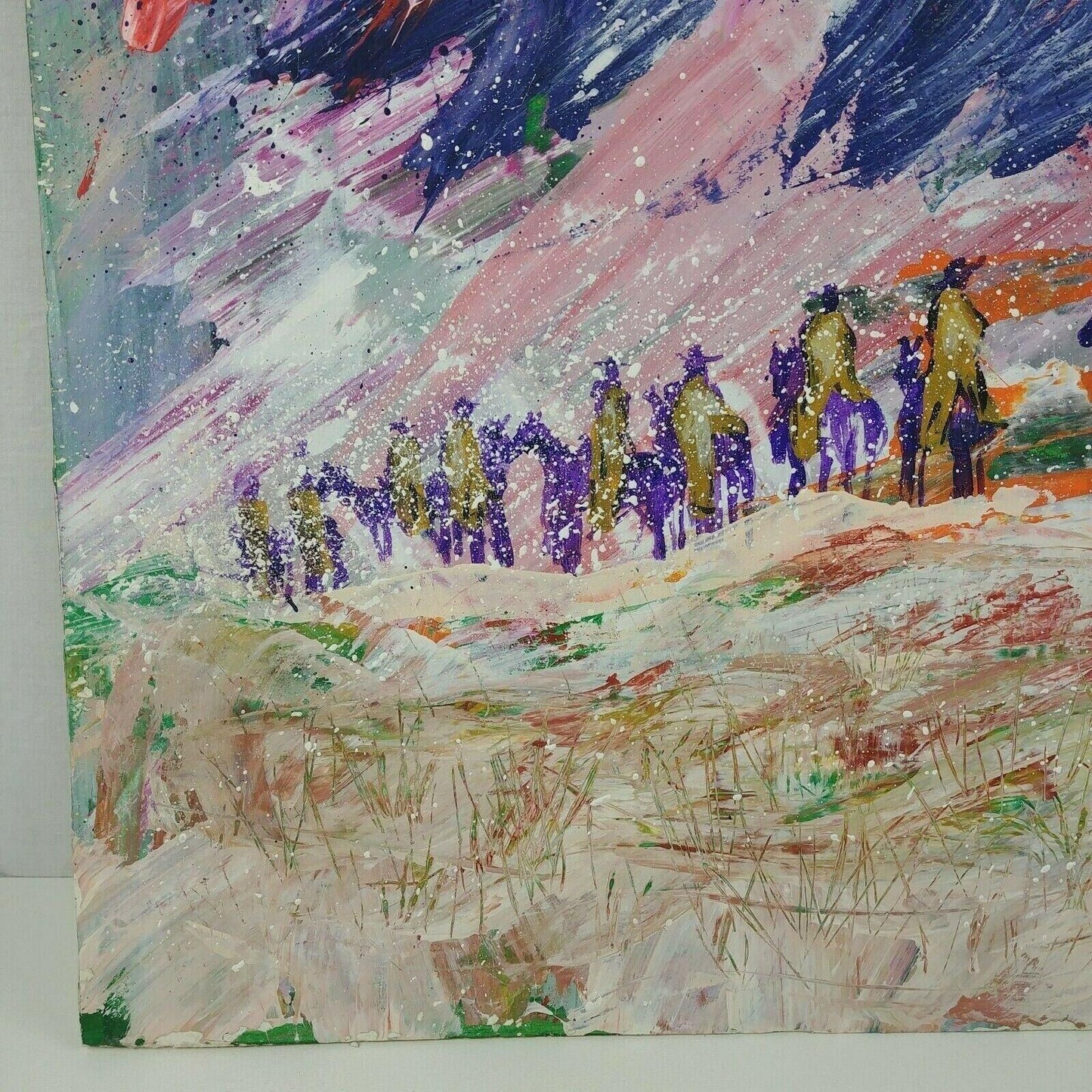 Men on Horses Snow Storm Original Art by Bruce Pettit 1995 Mixed Media Paint