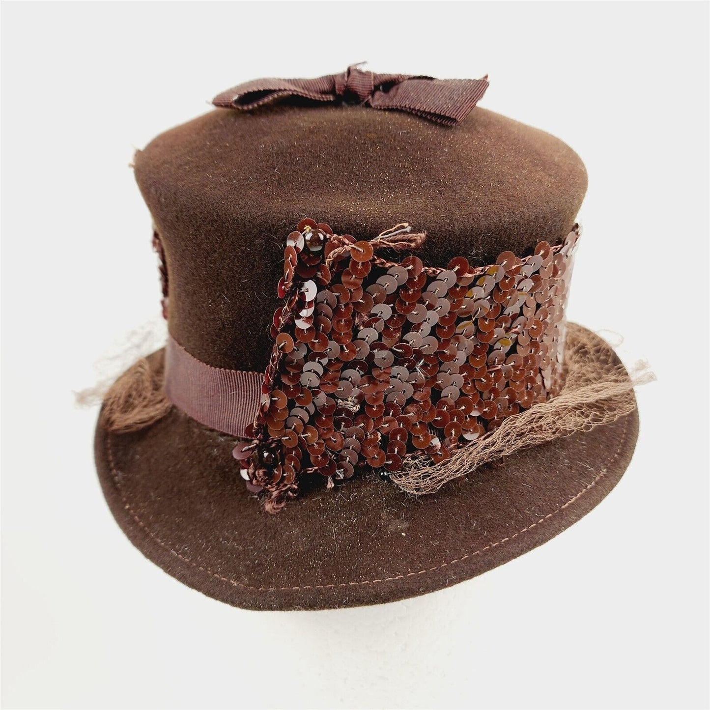 Vintage Olivier Womens Brown Wool Sequins Net Bow Hat w/ Bon Marche Box