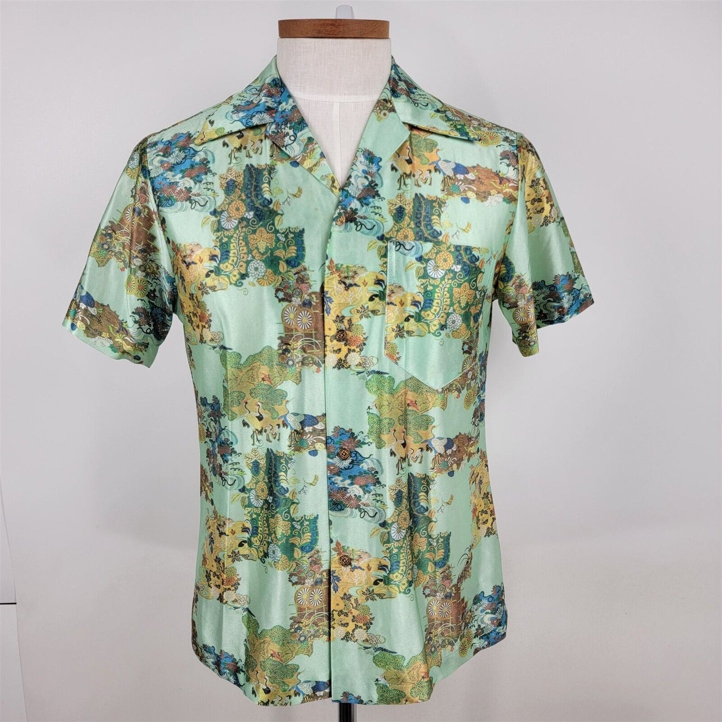 Vintage Asian Patterned Short Sleeve Floral Hawaiian Aqua Shirt Made in Hawaii