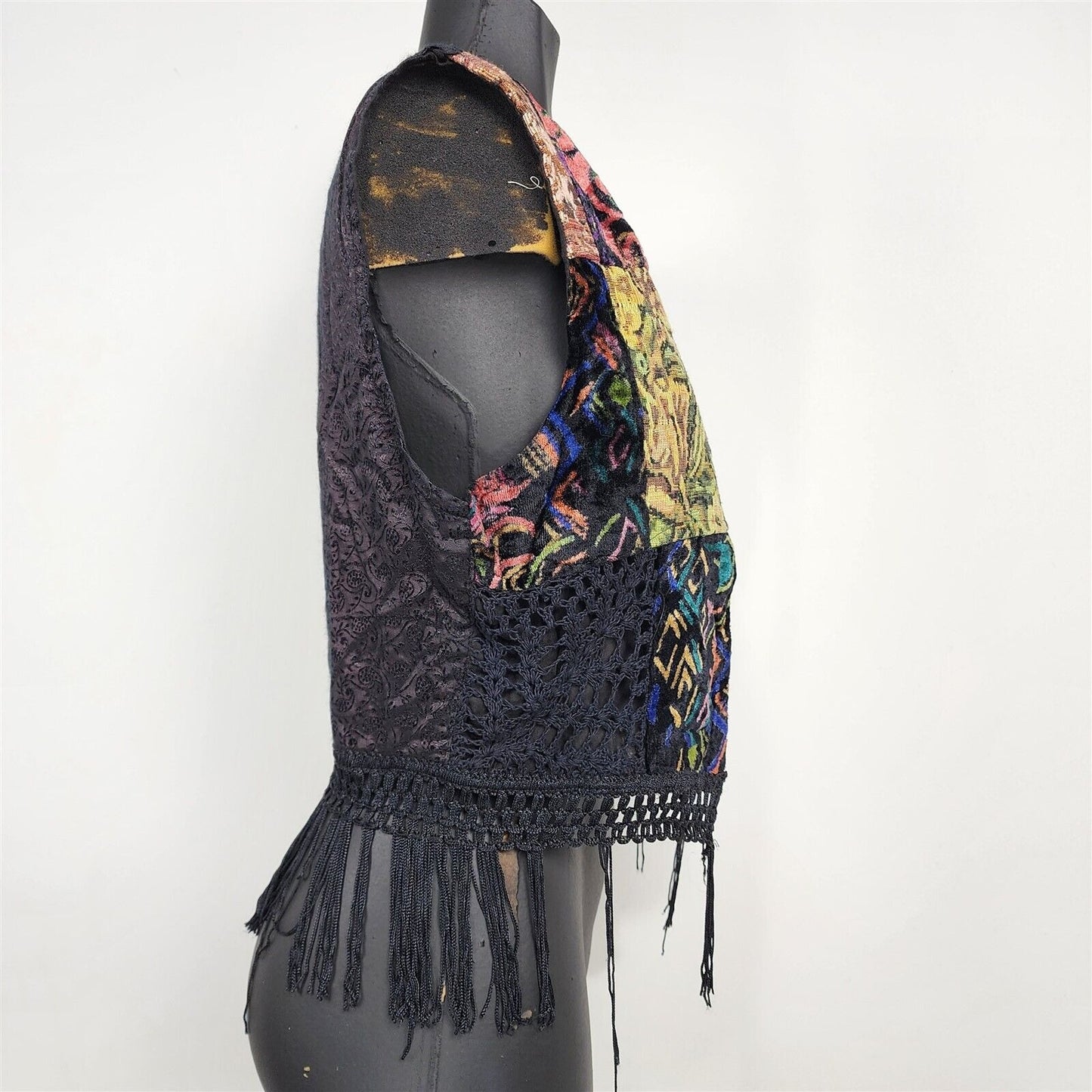 Vintage 1990s Tangibles Patchwork Colorful Black Fringe Vest Womens M