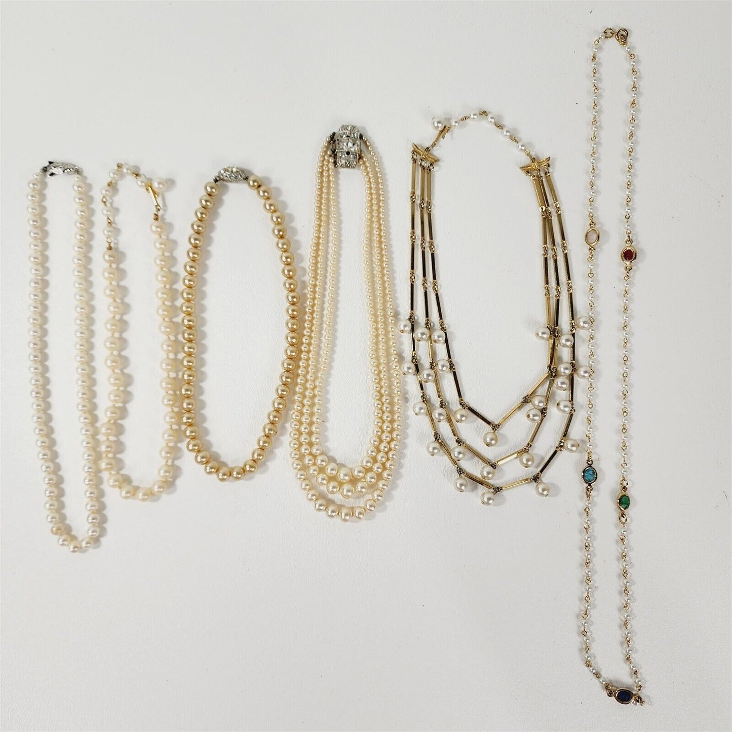 6 Vintage Faux Pearl Beaded Retro Necklaces