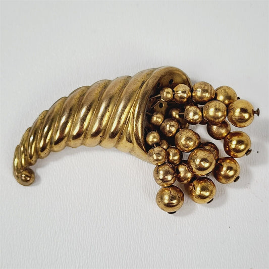 Vintage Cornucopia Brass Brooch Pin Articulated Dangling Beads Thanksgiving