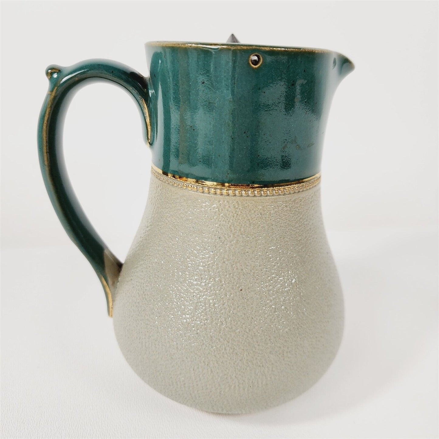 Vintage Lovatts Langley England Glazed Pottery Green Gray Pitcher w/ Pewter Lid