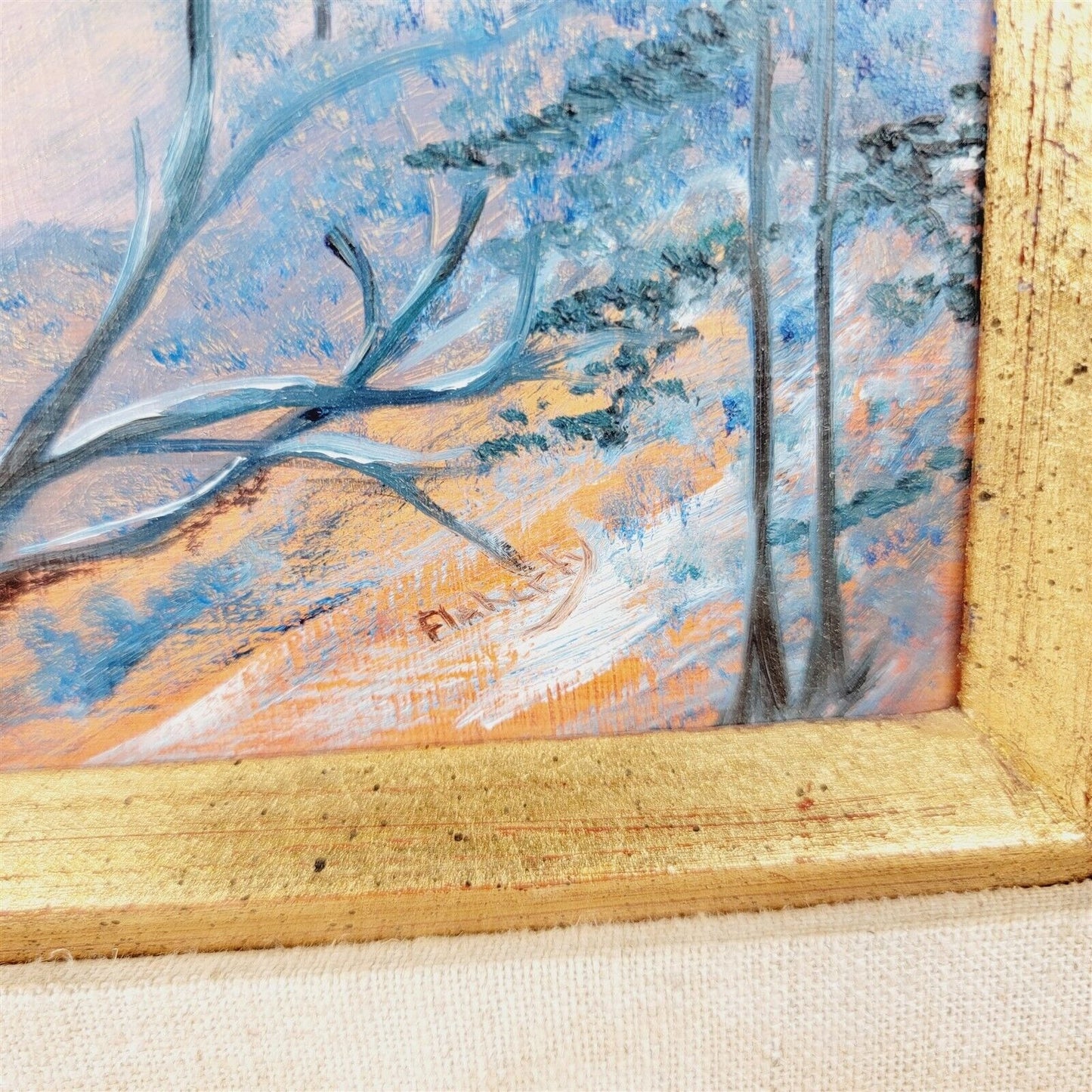 Ruth Flaherty Painting Framed Gold Tone Lanscape Mountain Trees Scenery