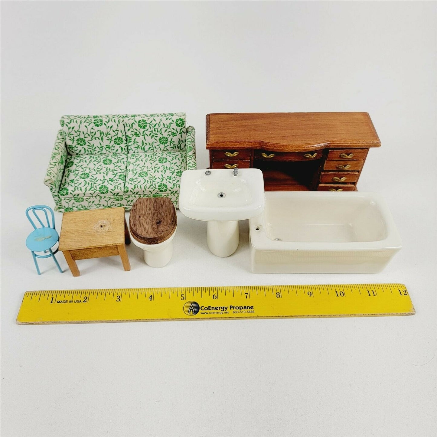 Vintage Miniature Doll House Furniture Porcelain Sink Tub Toilet Wood Dresser