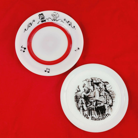 2 Vintage Milk Glass Plates Painted Blacksmith Working Man & Music Choir Singers