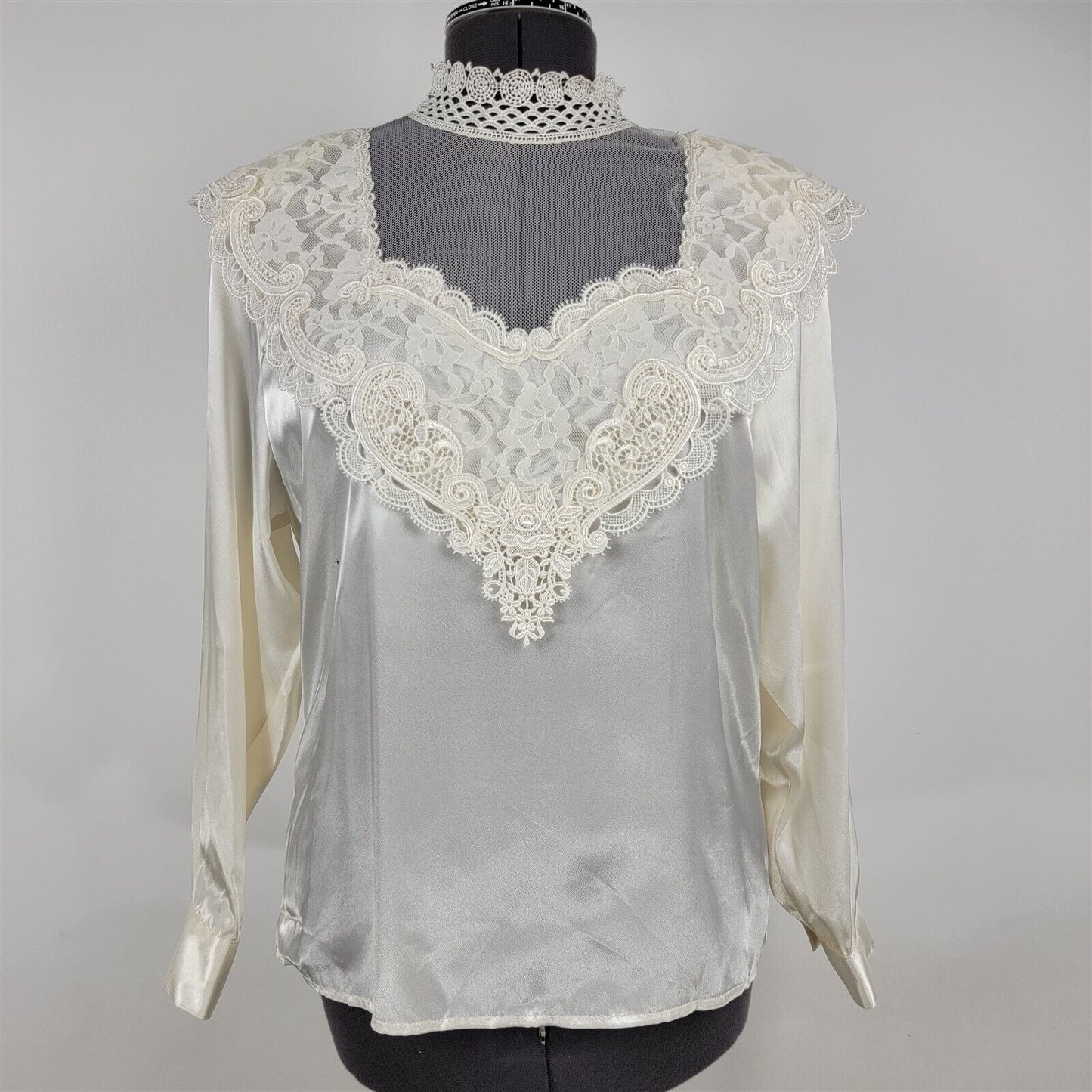 Vintage 1990s Sonya Ratay San Andre Satin Lace Blouse Victorian High Neck Size 8