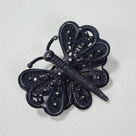 Vintage Marcasite Black/Silver Butterfly Brooch Pin