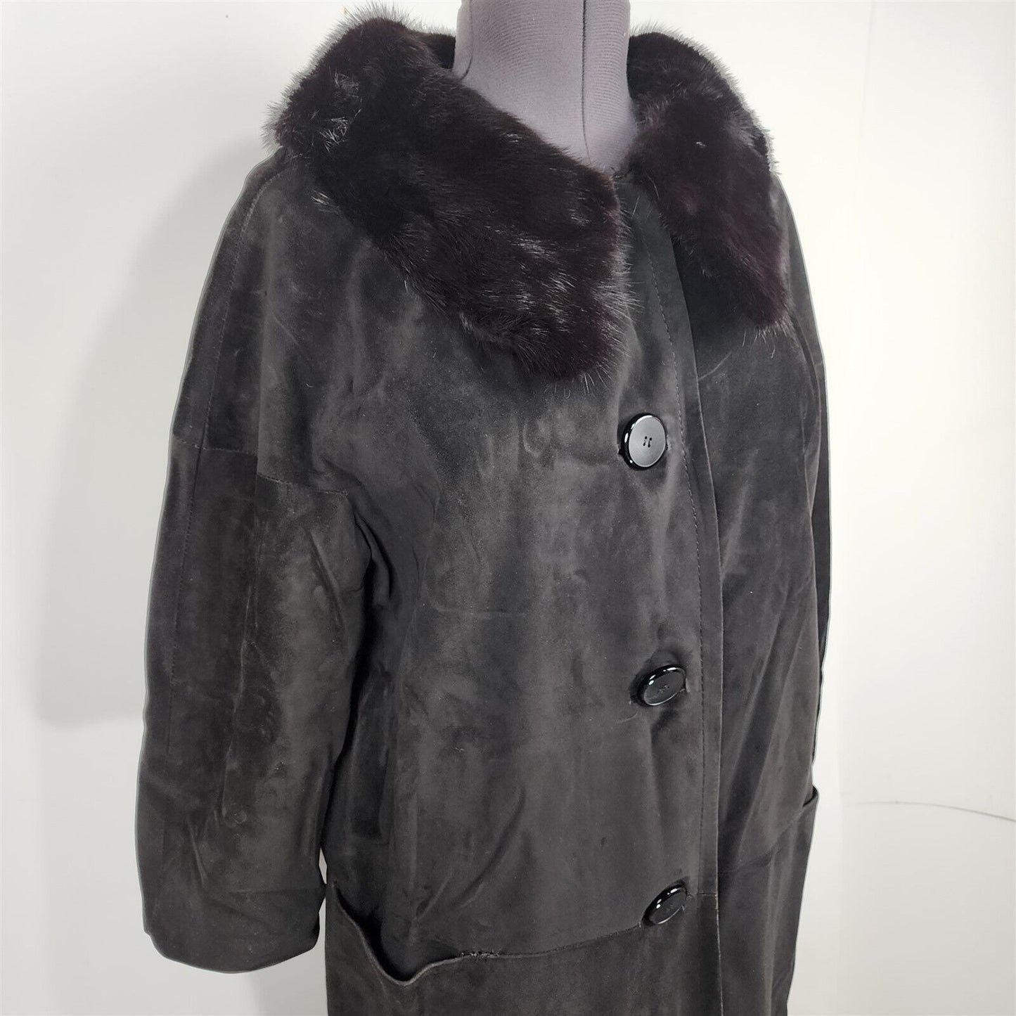 Vintage Black Soft Suede Leather Jacket Coat w/ Mink Fur Collar Womens L