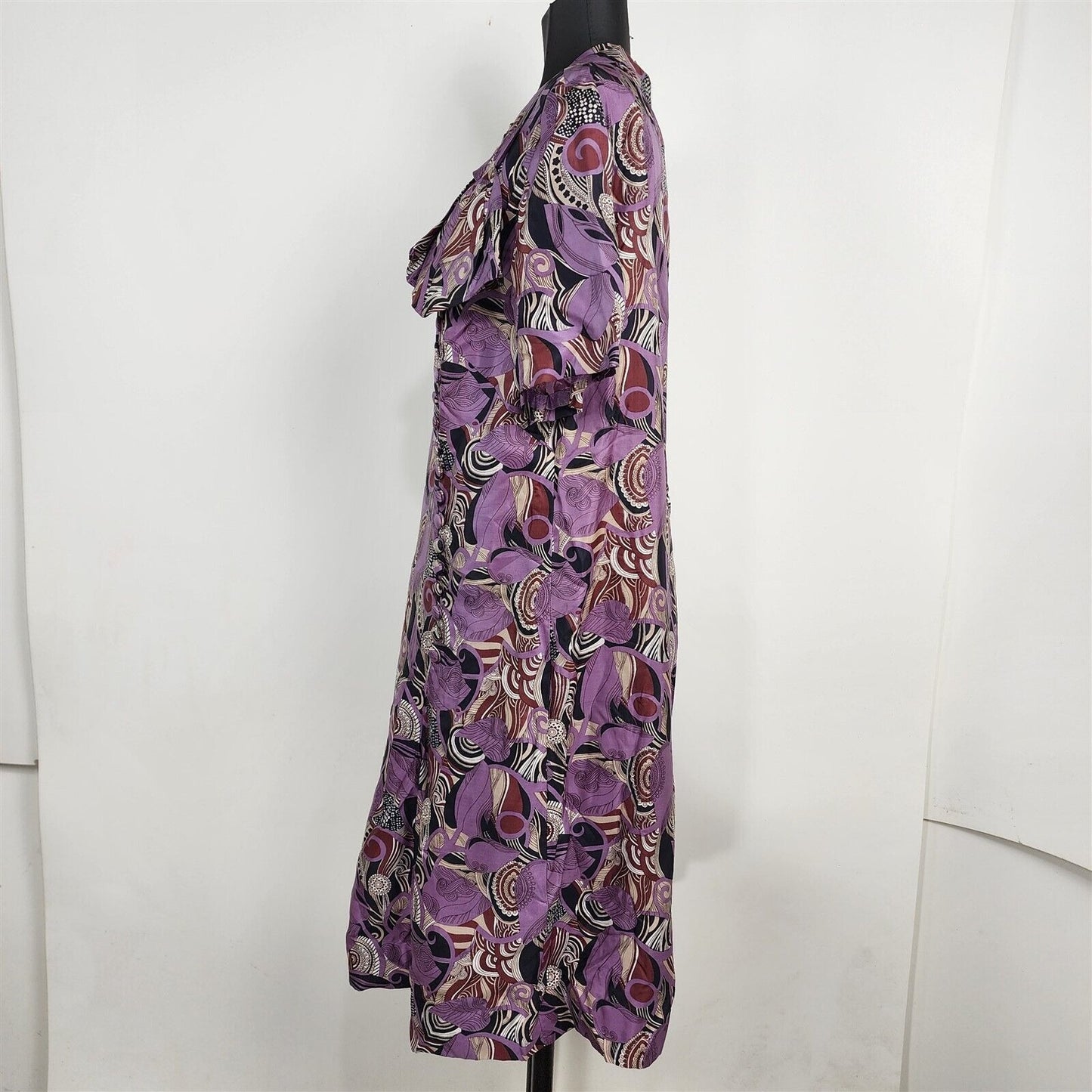 Vintage 1970s Harwyn Purple Funky Print Silk Short Sleeve Dress Size 12/14