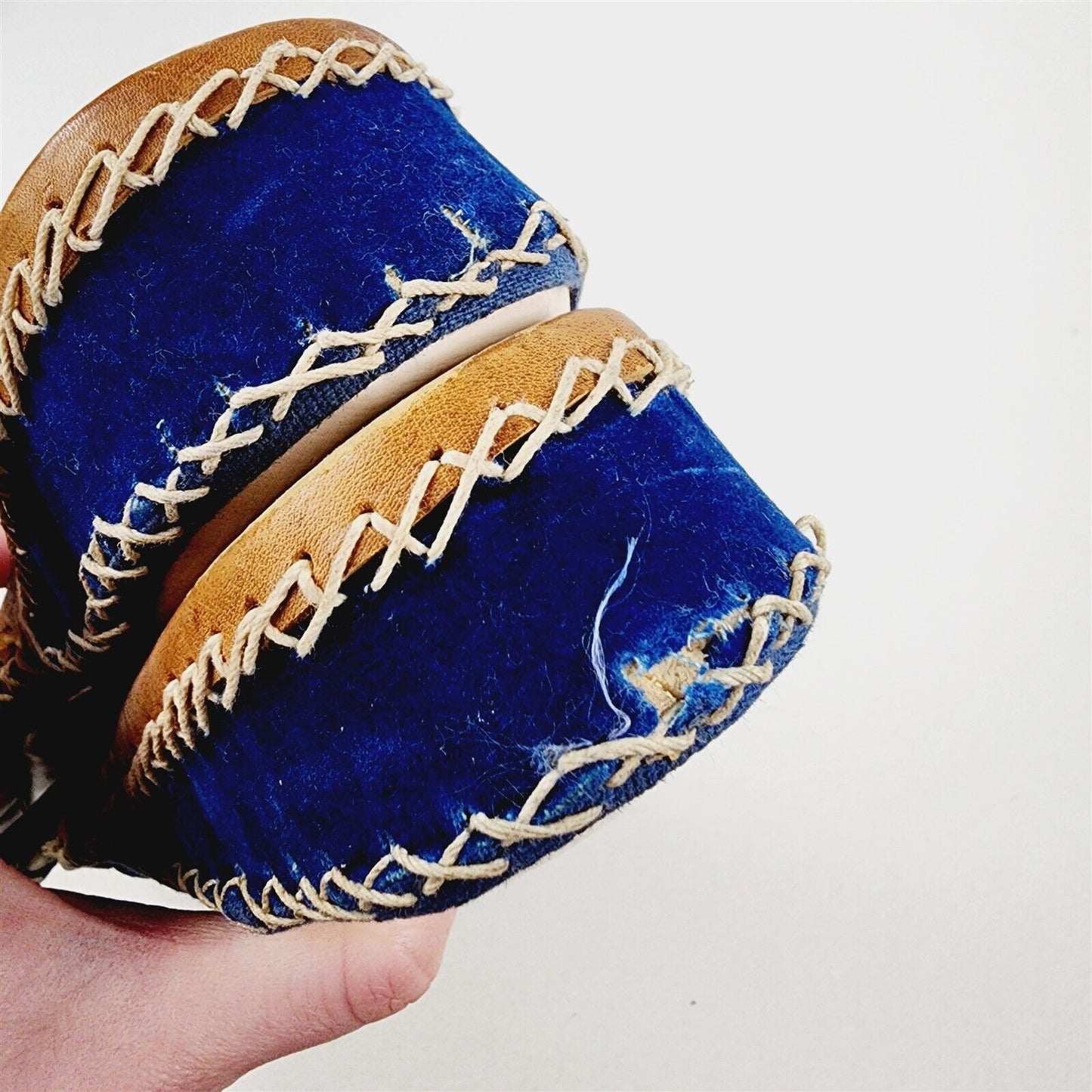 Vintage Turkish Ottoman Leather Silk Slippers Blue Velor Embroidered