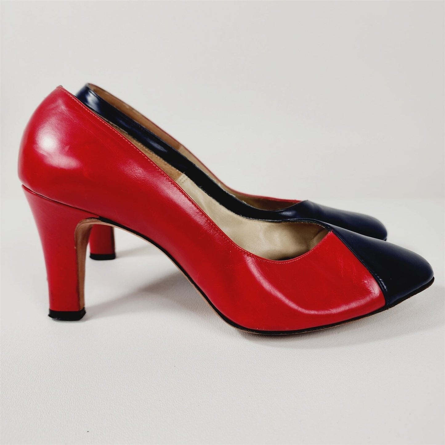 Vintage Geppetto Red & Blue Leather Heels Shoes Size 7.5 M