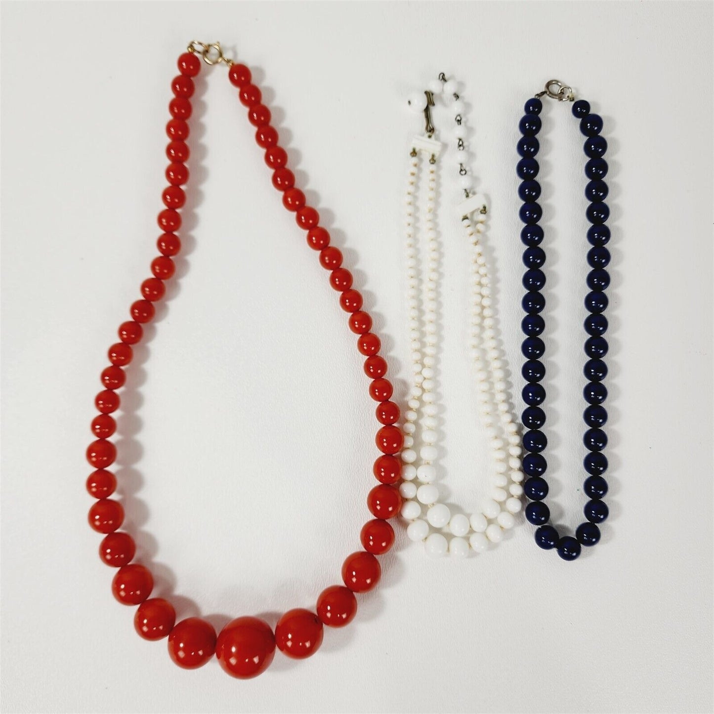 3 Vintage Beaded Retro Necklaces Orange White & Blue