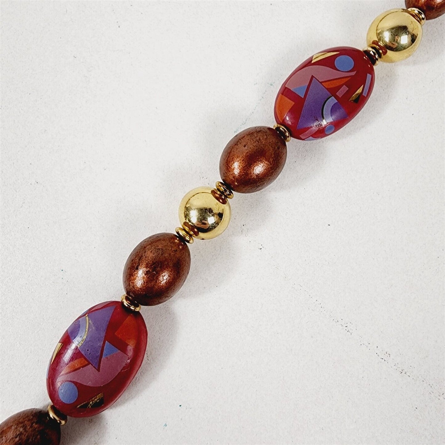 Vintage Copper Tone Beaded Necklace with Painted Abstract & Gold Accent Necklace