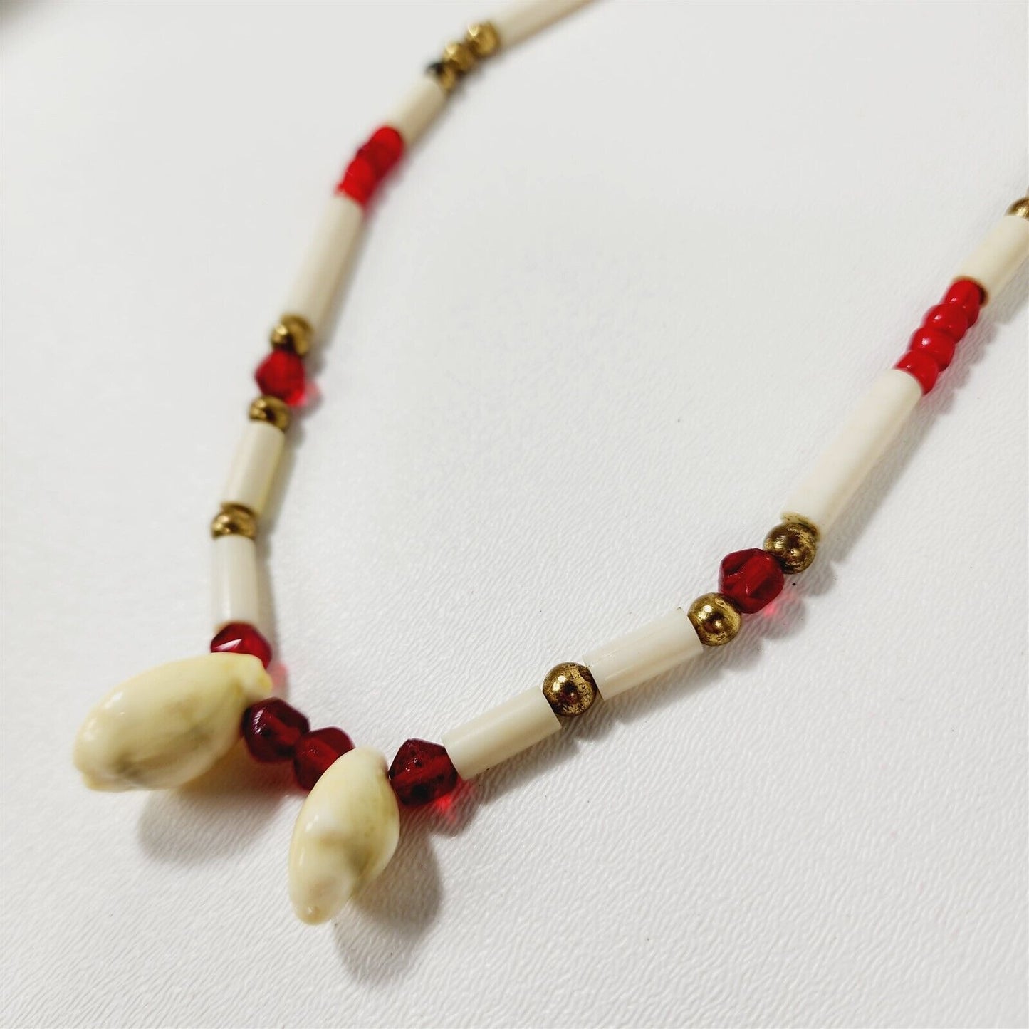 Vintage Leather Tie Bone Seashell Red Glass Beaded Necklace Native American