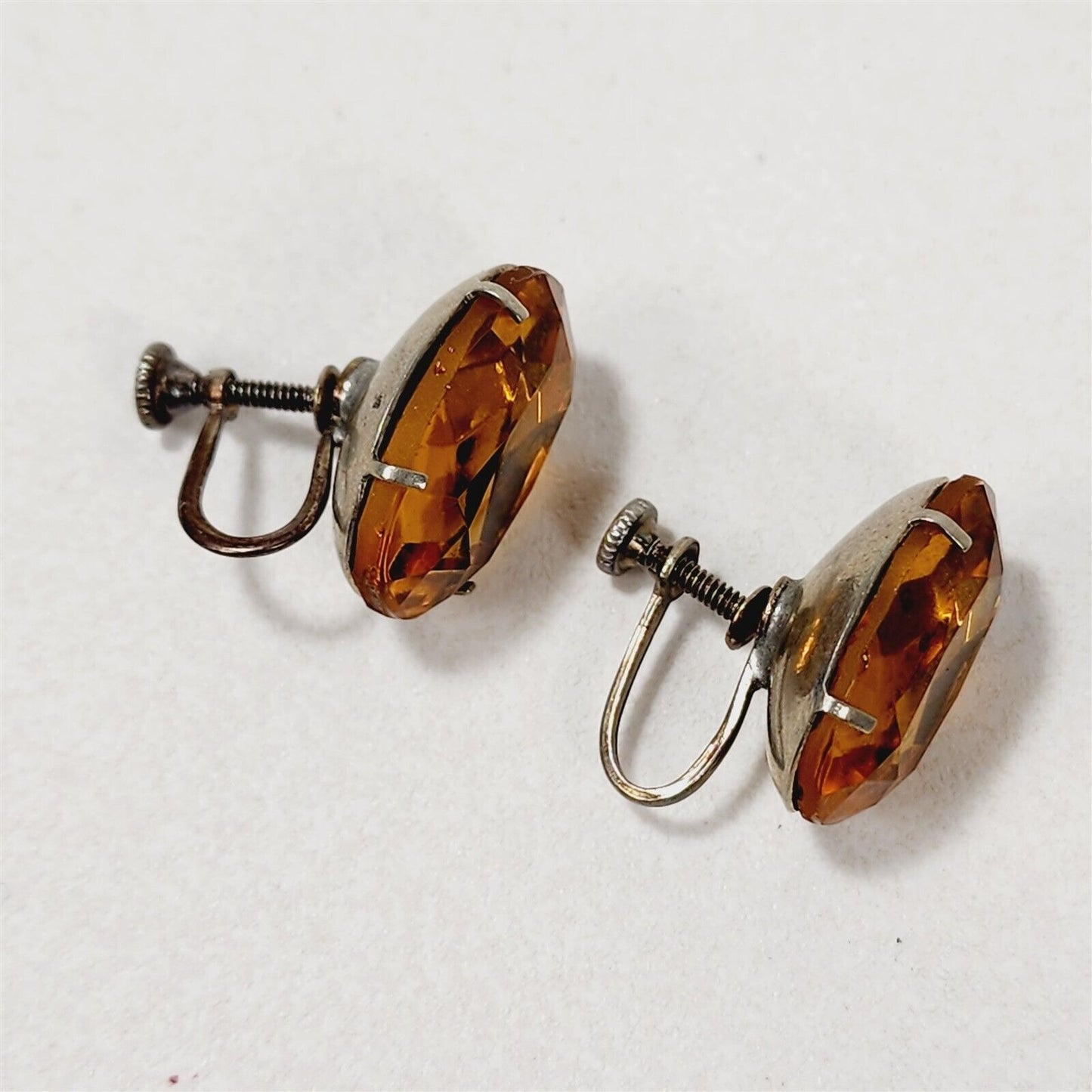 Vintage Sterling Silver Screw Back Orange Oval Rhinestone Earrings