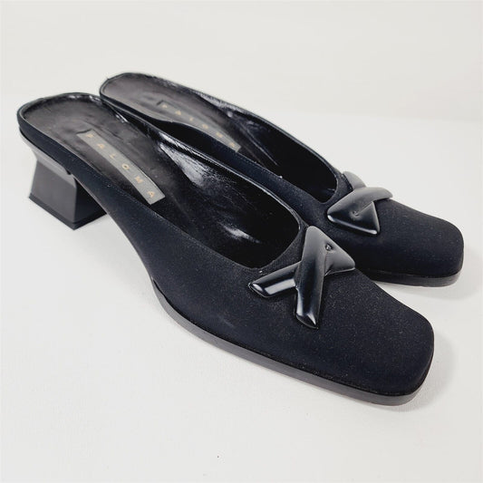 Vintage 1990s Paloma Black Block Heel Square Toe Mules Size 8 B