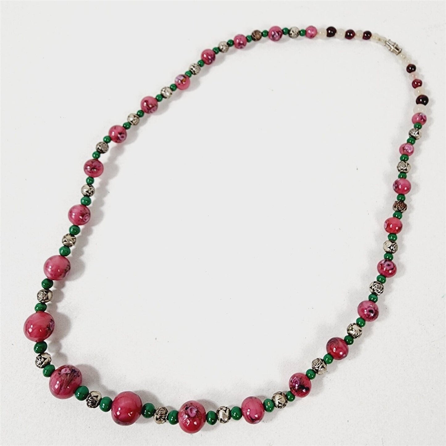 Vintage Art Deco Czech Bohemian Pink Satin Swirl Floral Rose Glass Bead Necklace